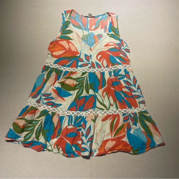 C&C California Linen Bright Multicolor Floral Croche Babydoll Tunic Medium - Picture 2 of 10